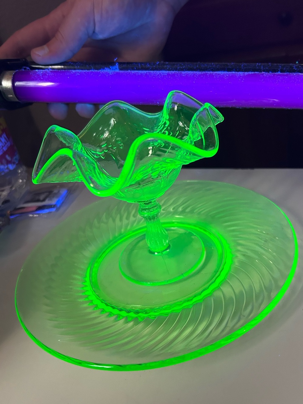 2 Piece Uranium Glass Set- Vintage Fenton Pedestal Glass Dish Bowl and Saucer